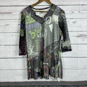 Parsley Sage Shirt Top Womens Large Multicolor Mesh Layered Geometric 80s Tunic‎